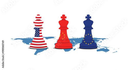 Three majestic chess kings featuring the vibrant flags of the United States, China, and the European Union stand atop a detailed blue world map illustration.
