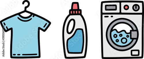 Hand-drawn laundry featuring a light blue t-shirt on a hanger, a bottle of liquid detergent, and a front-loading washing machine with soapy water inside, isolated on a white background