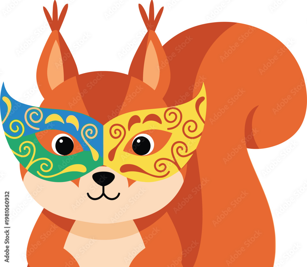 Fototapeta premium Squirrel wears a colorful ornate masquerade mask while posing for a whimsical woodland celebration portrait.