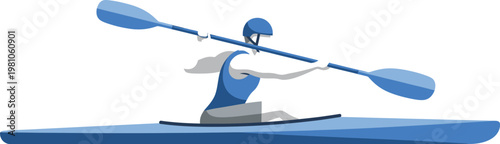 Kayaker paddling a blue boat across the water represents outdoor adventure and water sports in a minimalist vector graphic.