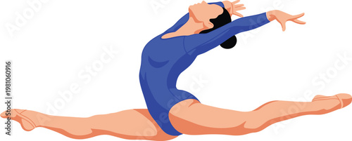 Gymnast performing a graceful split leap in a blue leotard showcases athletic flexibility and strength in a dynamic illustration.
