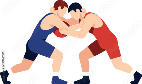 Wrestlers engage in a tactical grappling match on the mat to demonstrate strength and competitive fighting skills.