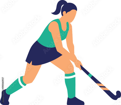 Field hockey player maneuvers the ball across the pitch in a competitive match setting while displaying athletic form and focus.