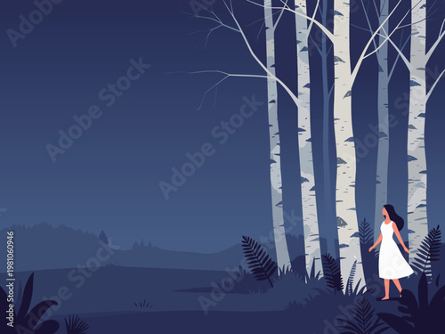 Woman Standing in a Blue Forest with Birch Trees