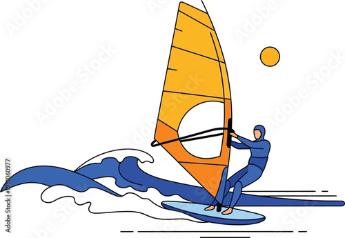 Windsurfer skillfully balances on a surfboard while maneuvering a large yellow sail across the turbulent blue ocean waves.