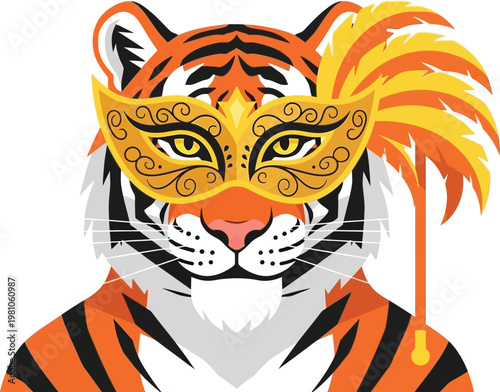 Tiger wears an ornate golden masquerade mask with vibrant feathers to celebrate a festive carnival or traditional cultural event.