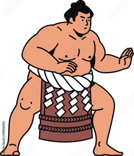 Sumo wrestler stands in a traditional starting position wearing a mawashi belt before the match begins.