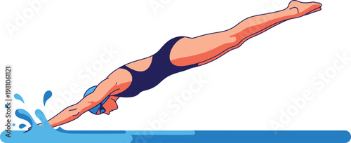 Swimmer executes a professional diving maneuver into the water with perfect form and technique.
