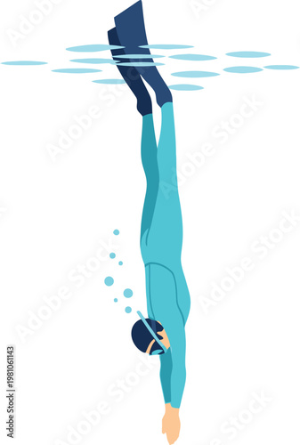 Swimmer wearing a wetsuit and flippers dives deep into the blue water during a recreational snorkeling or scuba diving excursion.
