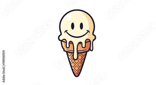 A smiling ice cream cone with melting drops on a sunny day outdoors
