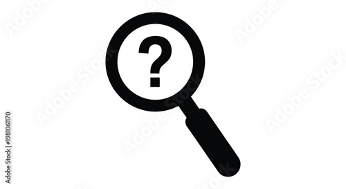A black magnifying glass focuses on a question mark a striking silhouette