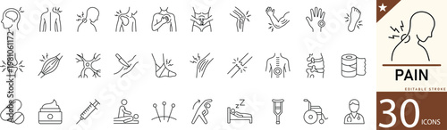 Minimal Pain line icons for injury, body pain, headache, health issues, and medical care. Perfect for healthcare apps, medical projects, and wellness platforms