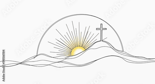 Sunrise with cross on hilltop symbol.