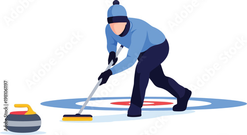 Curler sweeps the ice surface with a broom while focusing on the heavy stone sliding toward the target house.