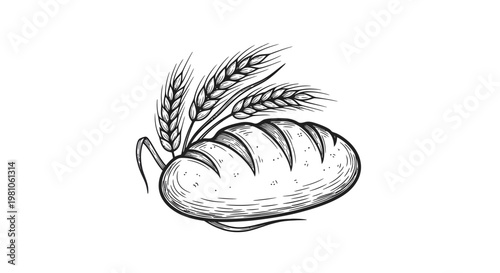 A crusty loaf of bread with wheat ears on top is illustrated