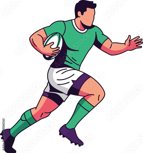 Rugby player sprints across the field while firmly clutching the oval ball during a professional game.