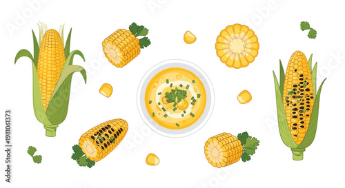 A top-down view displays various corn preparations including whole ears, grilled segments, loose kernels, and a bowl of creamy soup on a white background.