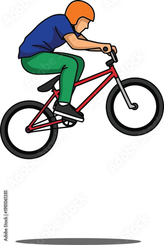 Cyclist performs a stunt jump on a BMX bike while wearing a protective helmet during an outdoor extreme sports session.