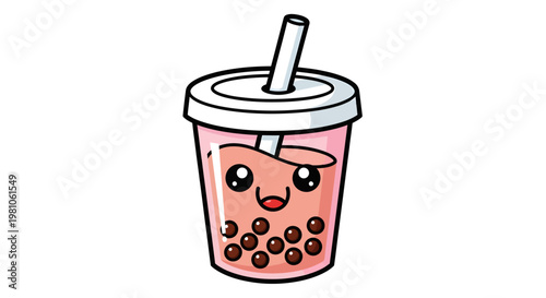 A cartoon illustration of a smiling pink boba tea cup with a straw and boba bubbles
