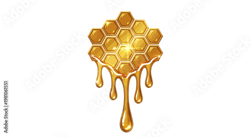Golden honey drips from a melting honeycomb in a warm light scene