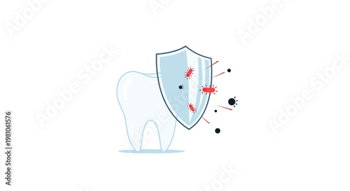 A pristine white molar stands protected behind a translucent glass shield that blocks harmful red bacteria on a clean white backdrop with soft grey shadows.