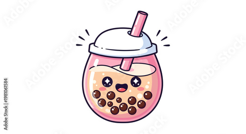 A cute pink boba tea cup with a straw and smiling face