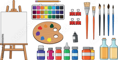 Art supplies vector set with easel palette paint brushes watercolor and creative painting tools illustration collection