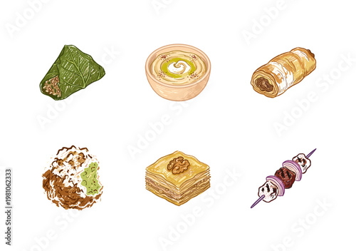 Arabic Food and Middle Eastern Cuisine Elements with Colorful Crayony Pencil Texture and Organic Colorful Textures