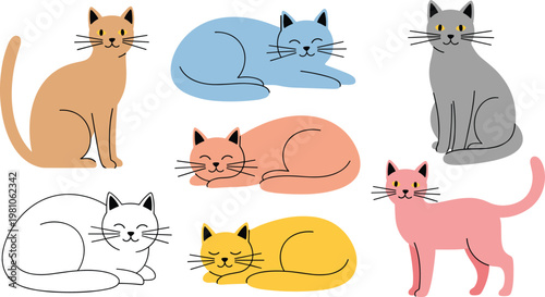 Vector Icon Set of Cute Cartoon Cats in Various Colors and Poses Including Sitting Sleeping and Standing for Pet Lovers Domestic Animal Branding and Nursery Graphic Designs