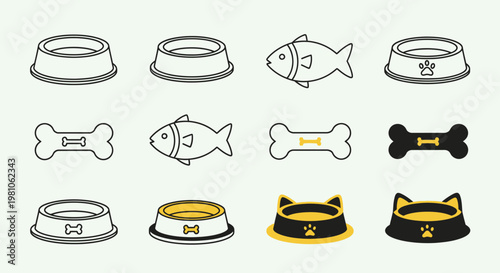 Assortment of Pet Food Bowls and Toys, Dog and Cat Accessories on Light Green Background