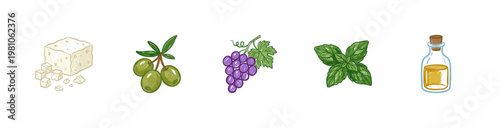 Mediterranean Food Elements and Greek Feta Cheese Ingredients in Colorful Crayony Brushstroke Style