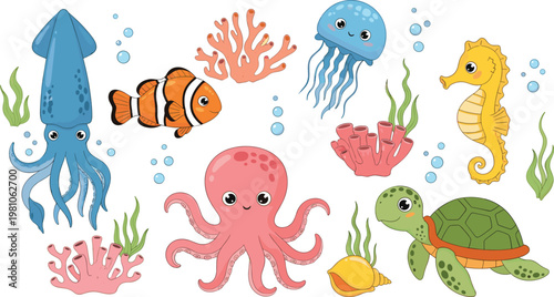 Cute Baby Sea Animal Vector Collection with Kawaii Octopus, Turtle, Squid, Clownfish, and Seahorse for Nursery Decor and Kids Educational Graphics