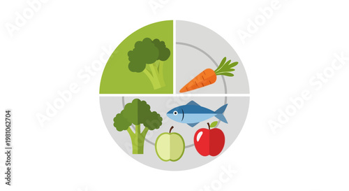 Colorful Healthy Food Plate Diagram with Vegetables, Fish, and Fruits on Isolated White Background