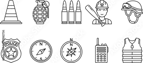 Silhouette law enforcement and military security icons including police badge, grenade, bullets, helmet, walkie talkie, compass, vest illustration vector