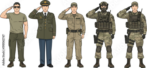 Silhouette military personnel standing in line saluting, diverse uniforms from casual to tactical gear showing discipline, respect, unity illustration vector