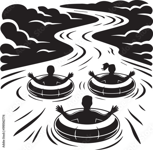 Three individuals floating peacefully in circular hot springs beneath a swirling sky