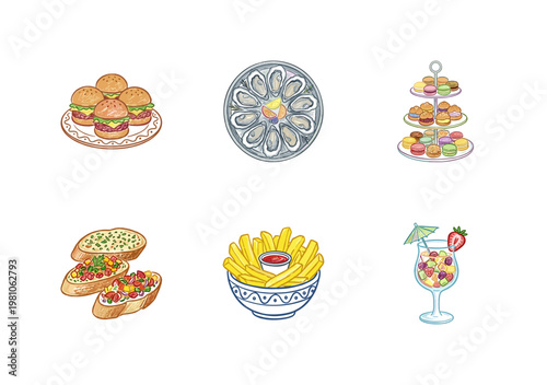 Catering and Gourmet Food Appetizer Collection with Fluid Crayon Pencil Texture in Crayon Colorful Style