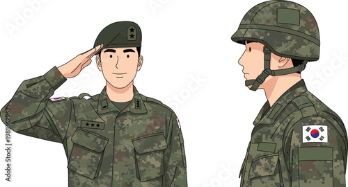 South Korean soldiers in camouflage uniforms saluting, military respect discipline vector illustration, patriotic armed forces design for national service stock content