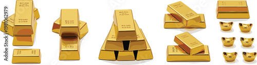 Financial Wealth Vector Set Featuring Stacked Gold Bullion Bars and Traditional Chinese Gold Sycee Ingots for Banking and Investment Concepts