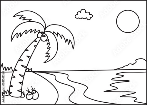Hand drawn scenery. Black and white line art drawing of beach with palmtree. Outline illustration for coloring pages