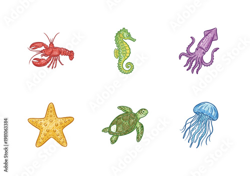 Marine Life and Underwater Creatures Set with Inky Pencil Texture and Detailed Crayon Colorful Style