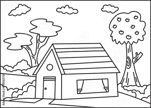 Hand drawn scenery. Black and white line art drawing of a house with tree. Outine illustration for coloring pages 