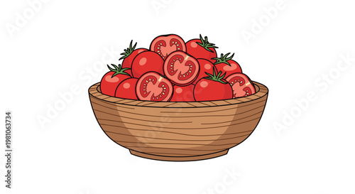 A rustic wooden bowl is overflowing with a vibrant assortment of whole and halved ripe red tomatoes featuring detailed seeds and fresh green stems today.
