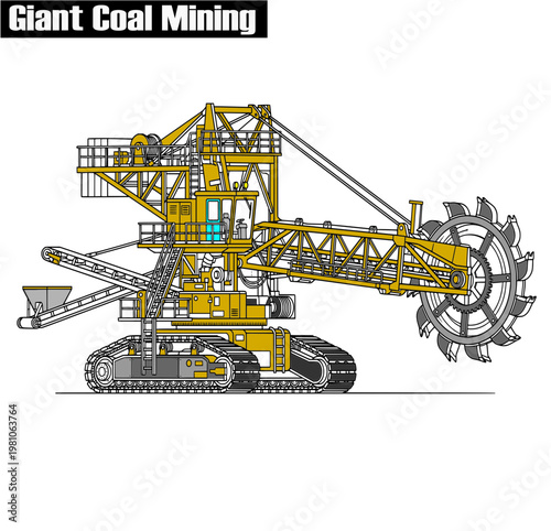crane and truck, Giant Coal Mining Excavator Silhouette Vector Illustration