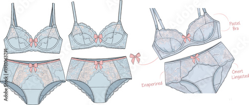 Lingerie Set Illustration Featuring Lace Bra and Panties with Pink Ribbon Detail for Fashion and Lingerie Design Collections
