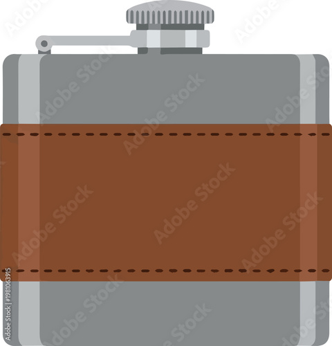 Flat Vector Style Illustration of Stainless Steel Hip Flask with Blank Leather Wrap for Whiskey Branding and Men's Accessory Concept