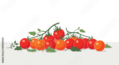 A vibrant collection of ripe red and orange cherry tomatoes still attached to their fresh green vines rests on a clean minimalist grey surface background.