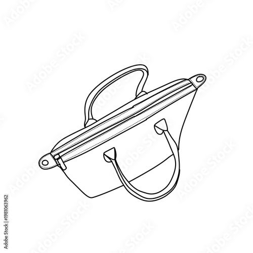 Simple line art drawing of a classic handbag with two handles and a zipper closure.