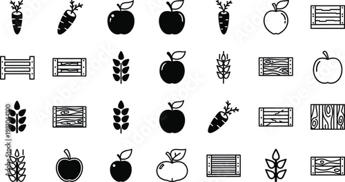 Icons representing fresh agricultural produce including apples, carrots, wheat, and wooden crates are arranged in a clean grid pattern.