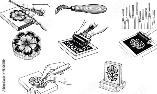 Hand-Carved Stamp and Printmaking Tools Set Featuring Floral Patterns, Brayers, and Chisels for Craft and Art Designs